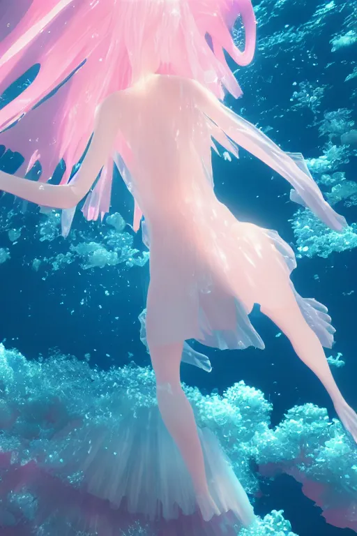 Prompt: 3D CG anime Land of the Lustrous Houseki no Kuni character Ventricosus translucent very light pink jelly woman with thick chest size and pink transparent bouffont dress frills standing at the bottom of the ocean near the surface, sun rays shine through the water, facing the camera, beautiful composition, 3D render, cel shaded, 8k, key visual, made by Haruko Ichikawa, Makoto Shinkai, studio Ghibli, Kyoto Animation