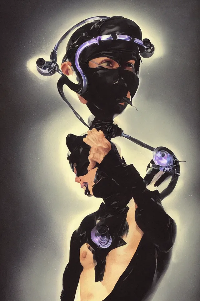 Image similar to androgynous ninja shaman tunic made of latex, radio goggles, techwear, iridiscent light, high key, cinematic lighting at night, neon, phil hale, boris vallejo, syd mead, masterpiece