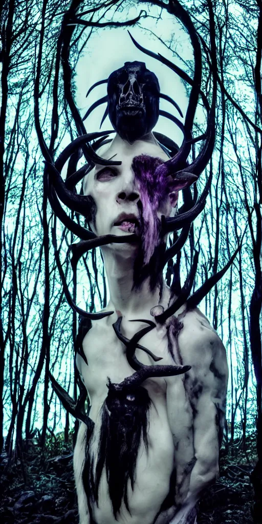 Prompt: softly glowing black metal pagan god with horns and pale skin and intense black eyes with a goat skull in very dark forest by johnson tsang and alphonse mucha, portrait, fantasy, clear, light beams, subtle shades of pastel, lens flare, soft, uhd, amazing depth, cinematic lighting