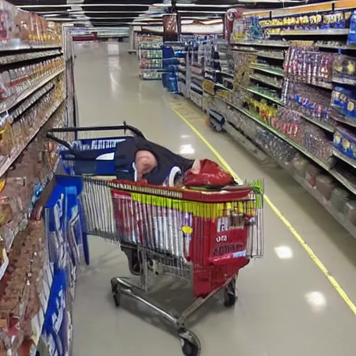 Prompt: obese man in walmart, high angle security camera,