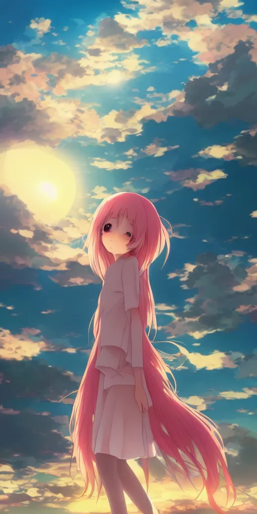 Image similar to anime art, anime key visual of a cute elegant anime girl with pink hair and big eyes, city rooftop at sunset with clouds, golden hour sunset, background blur bokeh!, beautiful lighting, high quality illustration, studio ghibli