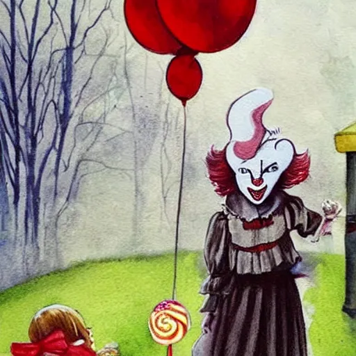 Image similar to A beautiful painting of pennywise giving candy to children