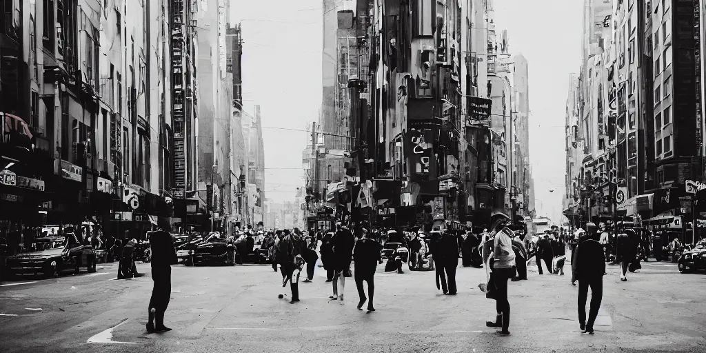 Image similar to city street, crowd, man in center frame, future retro, cinematic, atmospheric, cinematography by greig fraser, wide shot