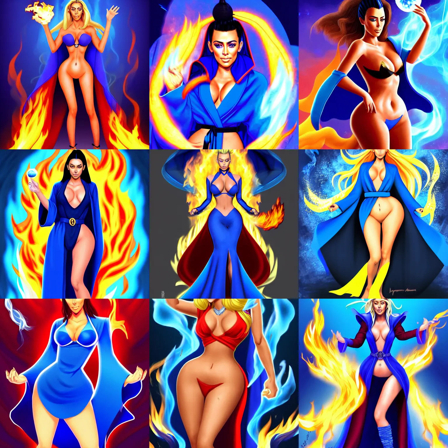 Prompt: Who : a mage with a blue robe casting a fire ball ; Face and hair : Amber Heard ; Body type : Kim Kardashian ; Clothes : covering ; IMPORTANT : Sakimichan Sakimichan Sakimichan Sakimichan official splash art, award winning, trending in category \'hyperdetailed\'