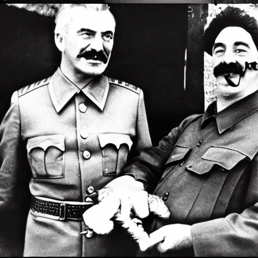 Prompt: Photo of Joseph Stalin friendship with communist soviet dragon creature ,