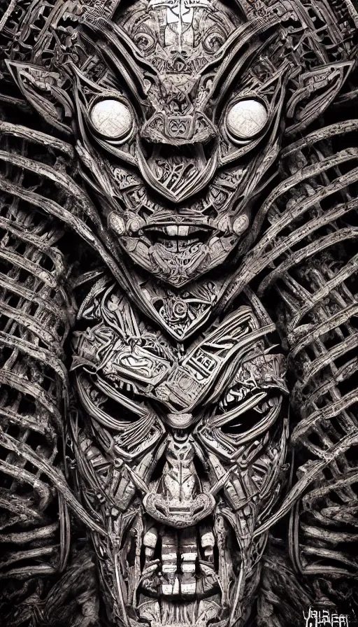 Image similar to ancient biomechanical hybrid aztec fantasy beautiful cyber warrior symmetrical human face immortal mask tattoo pattern concept, teonanacatl glyph, intricate artwork by, Johnatan Wayshak, Zdizslaw Beksinski, face by Artgerm, H.R. Giger, very coherent artwork, cinematic, hyper realism, high detail, octane render, unreal engine, 8k, High contrast, higly detailed black ink outline, crosshatch sketch gradient