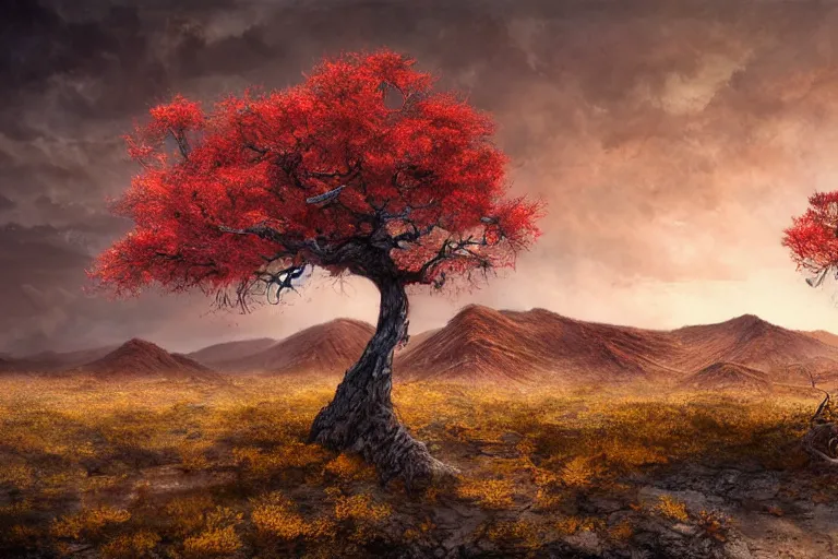 Prompt: a fantasy landscape by rocha, andreas, red autumn maple bonsai in a barren death valley landscape, cloudy sunset, by brian froud and jessica rossier and hr giger