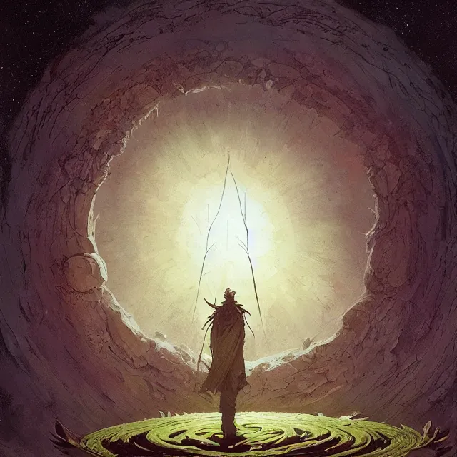 Image similar to a druid standing in a circle at the beginning of the world by greg rutkowski and frank frazetta and peter mohrbacher and william blake and dan mumford