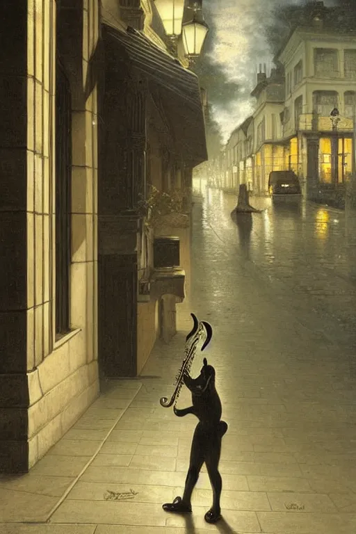 Image similar to a frog playing saxphone alone on a street corner, under a street lamp, at night, painting by edward poynter, trending on artstation