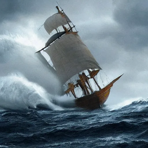 Prompt: tall ship with ripped sails caught in giant whirlpool in a hurricane. pirates of the caribbean 4 k