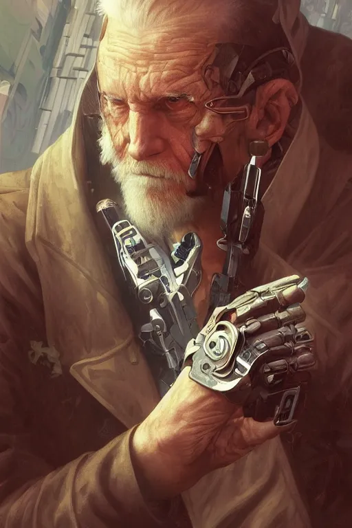 Prompt: cyberpunk old man, cyber arms augments, cyborg, movie poster, normal hands, normal legs, cinematic lighting, intricate, rugged, highly detailed, digital painting, artstation, smooth, sharp focus, illustration, art by artgerm and greg rutkowski and alphonse mucha and Wayne Barlowe and william-adolphe bouguereau