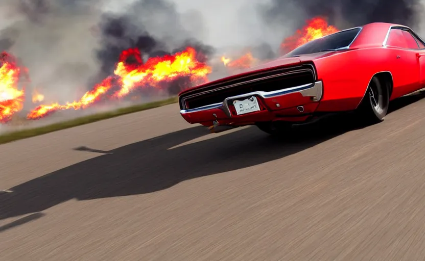 Image similar to a red 1 9 6 8 dodge charger r / tdriving high speed, fire explosion in the background, action scen. realistic. high resolution. dramatic