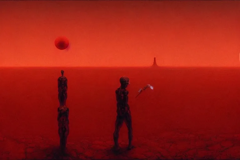 Image similar to only with red, a red god of death eat apple, a futuristic city on mars in background, an ancient path, pathos, in the style of beksinski, part by hopper, part by rodcenko, part by hofbauer, intricate composition, red by caravaggio, insanely quality, highly detailed, masterpiece, red light, artstation