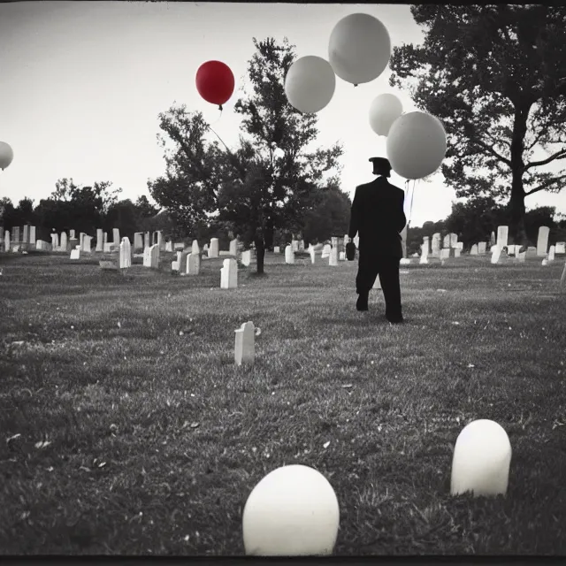 Image similar to creepy clown in the distance holding balloons in cemetary, photo by william eggelston