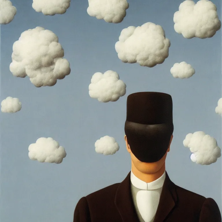 Image similar to portrait of a man whos head is a cloud, by rene magritte, detailed painting, hd, hq, high resolution, high detail, 4 k, 8 k