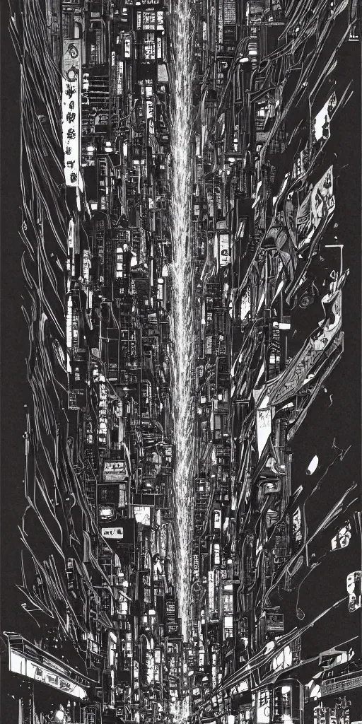 Image similar to beautiful and detailed anime drawing of an AKIRA-like cyberpunk city landscape with light trail from a motorcycle at the bottom and a bridge silhouette at the top, japan at night, 1980s, by Katsuhiro Otomo and mamoru oshii, wide angle, worm\'s eye view, grand, clean