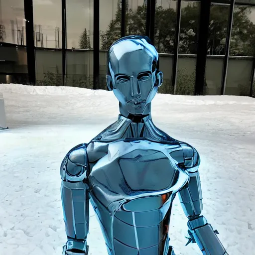 Image similar to made of ice, a realistic detailed photo of a guy who is an attractive humanoid who is half robot and half humanoid, who is a male android, on display, blank stare, showing off his muscles, shiny skin, posing like a statue, by the pool, frozen ice statue, twitch streamer / gamer ludwig, humanoid robot