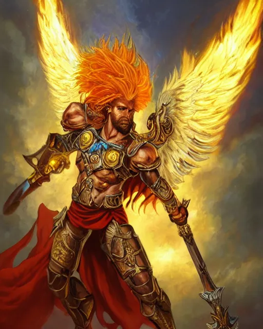 Prompt: mtg character portrait of a brawny male leonin warrior african lion angel of justice, with fiery golden wings of flame, wearing shining armor, wielding a flaming sword and holding a large fiery shield, by peter mohrbacher, mark brooks, wadim kashin, greg rutkowski, larry elmore, esao andrews, george pemba, ernie barnes, trending on artstation