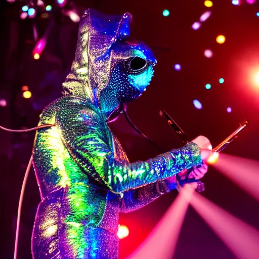 Image similar to a singer wearing an iridescent alien costume, holding an intricate futuristic wand, new years eve