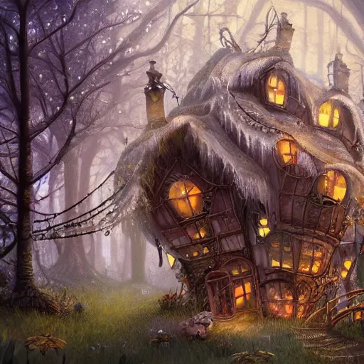 Prompt: a storybook illustration of a ramshackle multistory fairytale hut in the forest, intricate, elegant, fantasy, highly detailed, digital painting, concept art, sharp focus, trending on artstation