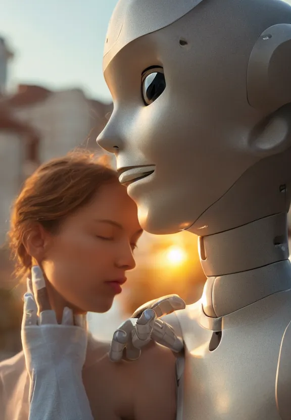 Image similar to a calming photograph of a slender, humanoid robot caresses a beautiful woman in the face, large shot, wide shot, in a street, sunset photo