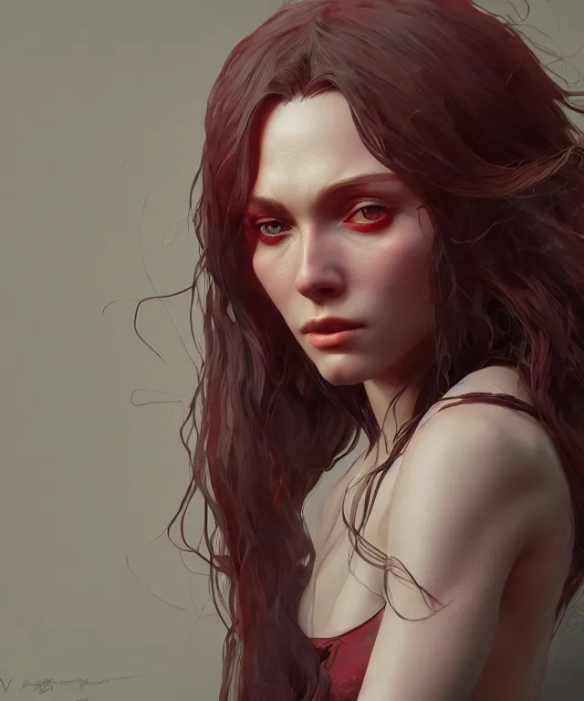 Image similar to Wanda maximoff, au naturel, hyper detailed, digital art, trending in artstation, cinematic lighting, studio quality, smooth render, unreal engine 5 rendered, octane rendered, art style by klimt and nixeu and ian sprigger and wlop and krenz cushart