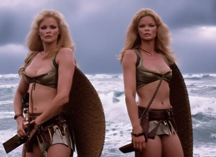 Image similar to film still charlie's angels ( 1 9 7 6 ) as a viking women with weapons, wearing skin - tight futuristic valkerie bikinis, rough seas in background, lightning storms, water world, mad max, barbarella, conan, hyper - realistic, highly detailed, accurate, 8 k octane render, 2 8 mm, wide angle, rule of thirds
