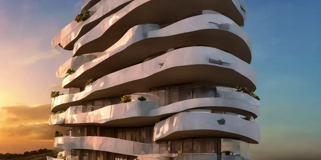 Image similar to futuristic holiday balcony apartments that are inspired by the form of acanthus mollis flowers. sunset. artstation. cinematic. 4 k.