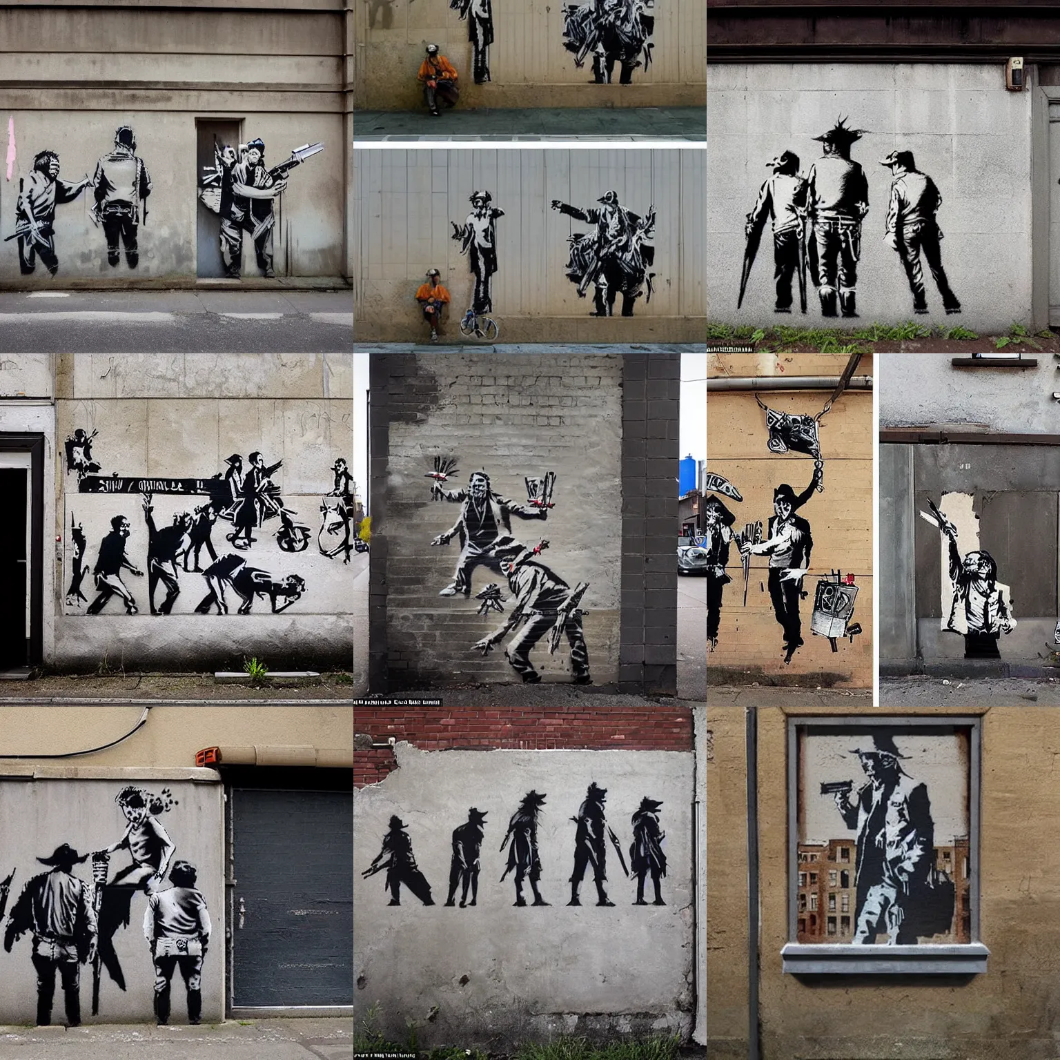 Image similar to outlaws and outsiders turn their back to the current society and create a new world in the style of banksy