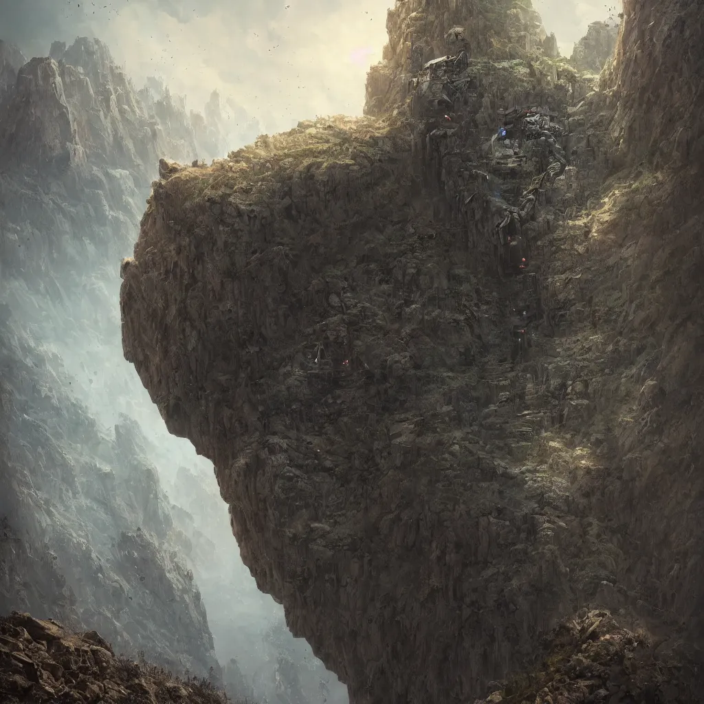 Image similar to a detailed portrait of a giant robotic face buried half way in a cliff face by Greg Rutkowski, Sung Choi, Mitchell Mohrhauser, Maciej Kuciara, Johnson Ting, Maxim Verehin, Peter Konig, final fantasy, Marco lense , 8k photorealistic, cinematic lighting, HD, high details, atmospheric , trending on artstation
