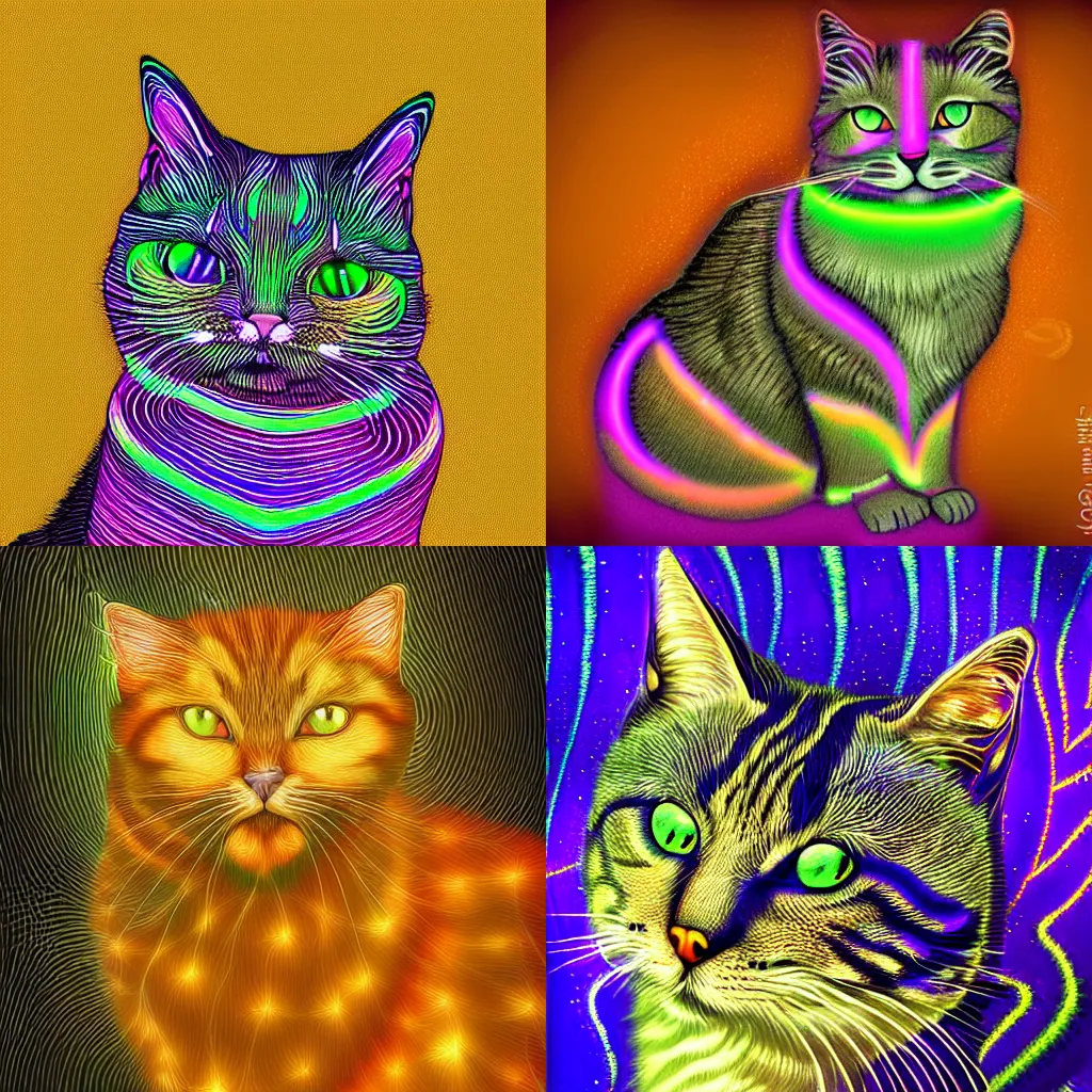 Prompt: fractal tabby cat with luminescent glowing stripes detailed digital painting