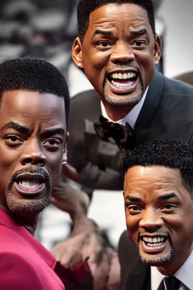 Image similar to Chris Rock Slapping Will Smith In The Face, Closeup Shot, photorealistic, hyperrealistic, HDR, octane render