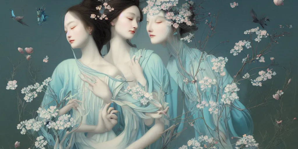 Prompt: breathtaking detailed concept art painting blend of two goddess of light blue flowers by hsiao ron cheng, vintage illustration pattern with bizarre compositions blend of flowers and fruits and birds by beto val and john james audubon, exquisite detail, extremely moody lighting, 8 k