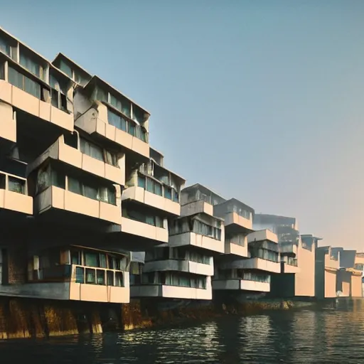 Prompt: Endless habitat 67, windows glowing in the fog by architect moshe safdie