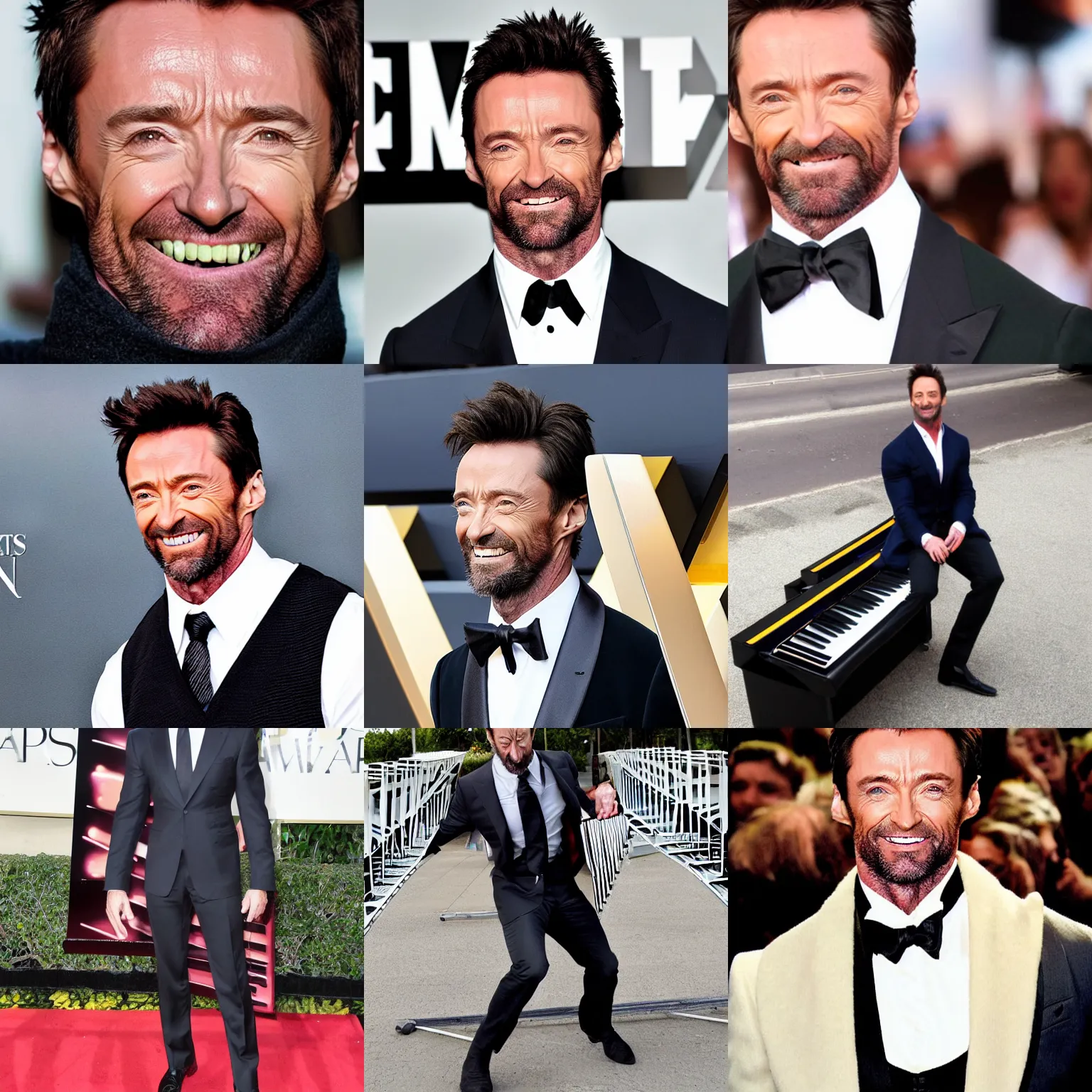 Prompt: hugh jackman with giant piano keys for teeth