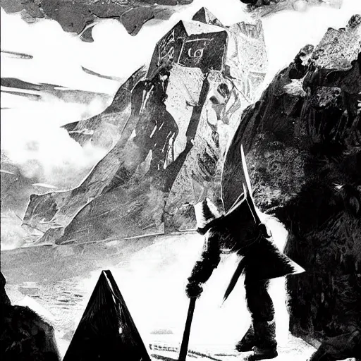 Image similar to norse troll blacksmith with sledgehammer profile portrait half body monochrome portrait hammer cover illustration dramatic kvlt by peder balke by peder balke by guido crepax by norman bluhm mystic high contrast monochromatic norway