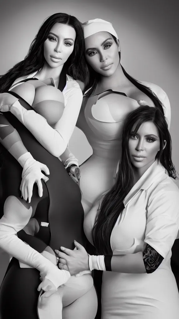 Image similar to johnny cash hugging kim kardashian, kim wearing a skintight nurse outfit, real photo, photoshooting, studio light, hospital background, intricate, epic lighting, cinematic composition, hyper realistic, 8k resolution, unreal engine 5