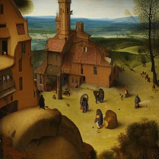 Prompt: a portrait of a character in a scenic environment by jeff christensen | a building in a stunning landscape by pieter bruegel the elder
