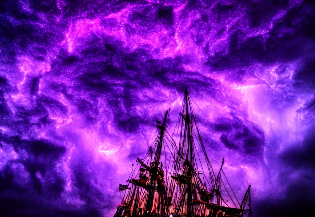 Prompt: purple color lighting storm with stormy sea close up of a pirate ship trippy nebula sky