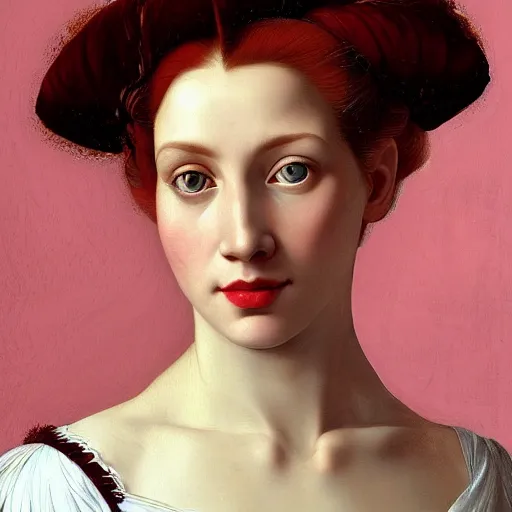 Prompt: a highly detailed portrait, red haired young woman, gorgeous dress with intricate details, long hair, green eyes, hint of freckles, round gentle face, cheeky smile with red lips, deep focus, smooth, sharp, golden ratio, elegant, digital painting by artemisia lomi gentileschi, caravaggio and artgerm