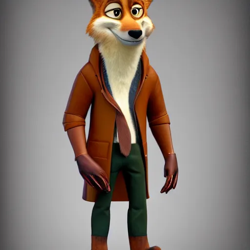 Prompt: portrait, 3 d render, anthropomorphic coyote male, wearing along brown leather maxi coat, in the style of zootopia