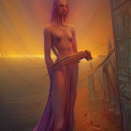 Image similar to a painting in the style of jean delville and in the style of stephan martiniere.