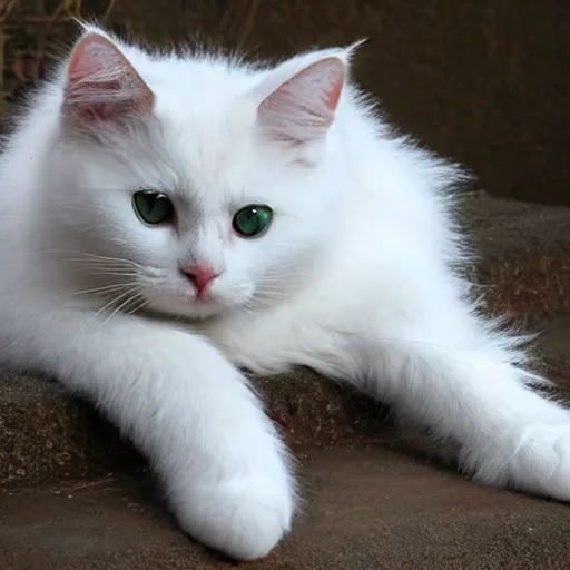 Image similar to cute white fluffy cat, large eyes, eats owner