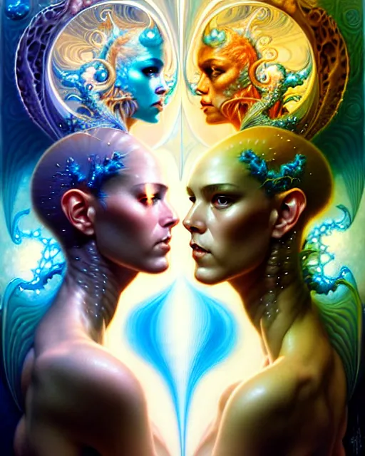 Prompt: a portrait of gemini water and fire fantasy character portrait made of fractals facing each other, ultra realistic, wide angle, intricate details, the fifth element artifacts, highly detailed by peter mohrbacher, hajime sorayama, wayne barlowe, boris vallejo, aaron horkey, gaston bussiere, craig mullins