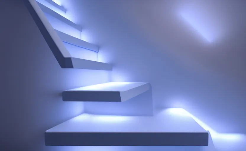 Prompt: stairs with soft blue lights in the roof, octane render, artstation trending, highly detailded