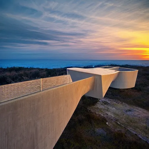 Image similar to impossible architecture stretching out to the horizon with a golden sunset