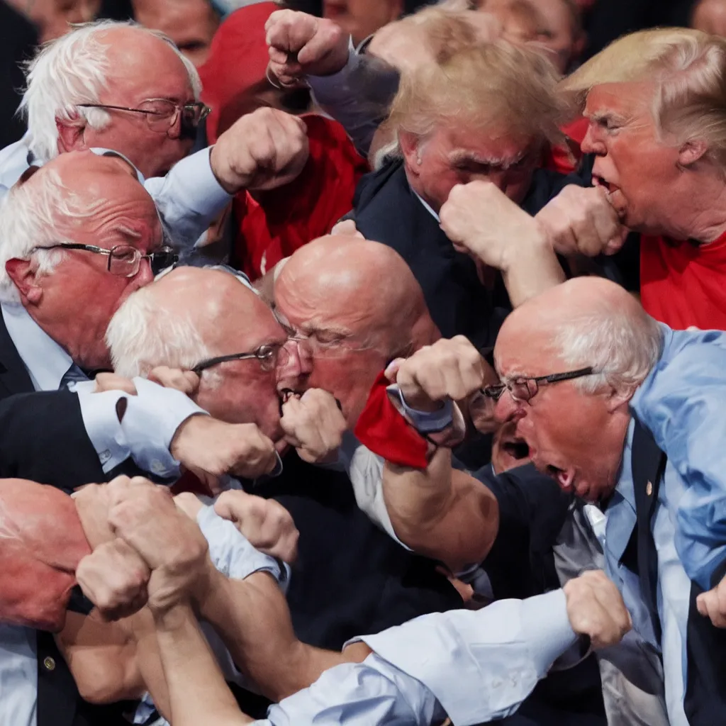 Image similar to Angry Bernie Sanders punching Donald Trump in the face, HD 4K photorealistic