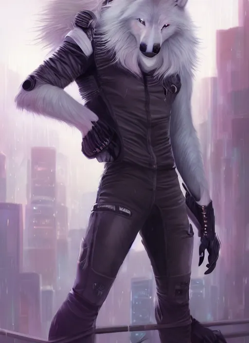 Image similar to award winning beautiful portrait commission art of a muscular male furry anthro albino wolf fursona with a tail and a cute beautiful attractive detailed furry face wearing black stylish cyberpunk pants and boots in a cyberpunk city at night while it rains. Character design by charlie bowater, ross tran, artgerm, and makoto shinkai, detailed, inked, western comic book art