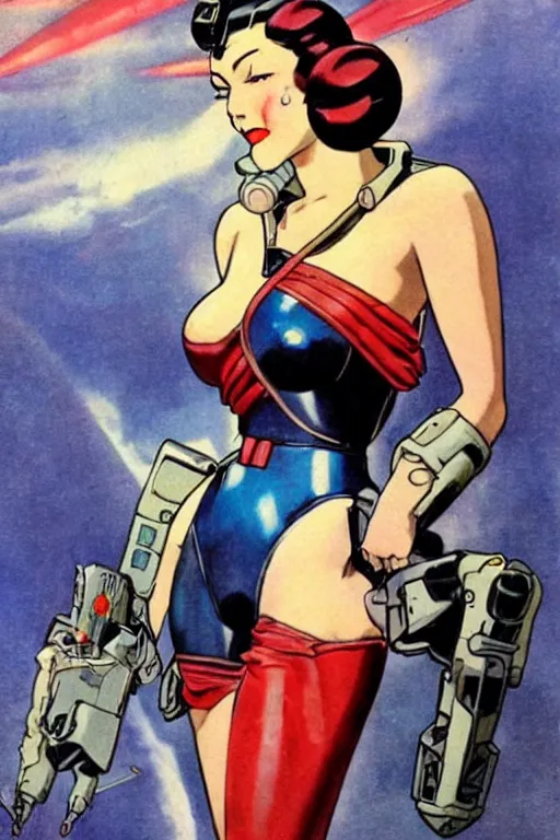 Image similar to full body cyberpunk beautiful woman, on a gundam, in the style of a 1 9 4 0 s oil painted pin - up, frank frazetta