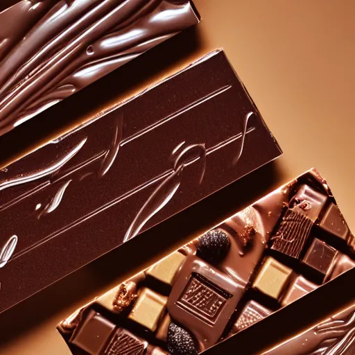 Image similar to extremely beautiful photo of chocolate bar, expensive top quality product, most perfect chocolate on the world, small manufacture, unique style, 8 k, product photography, professional studio photography